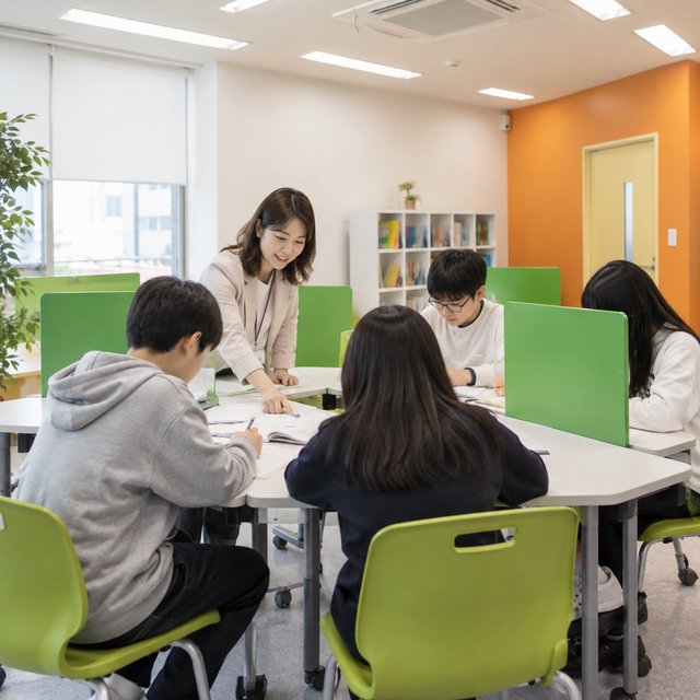 부발점 학습 공간 예시 — 코치 자리를 중심으로 학생 책상이 둘러앉는 배치